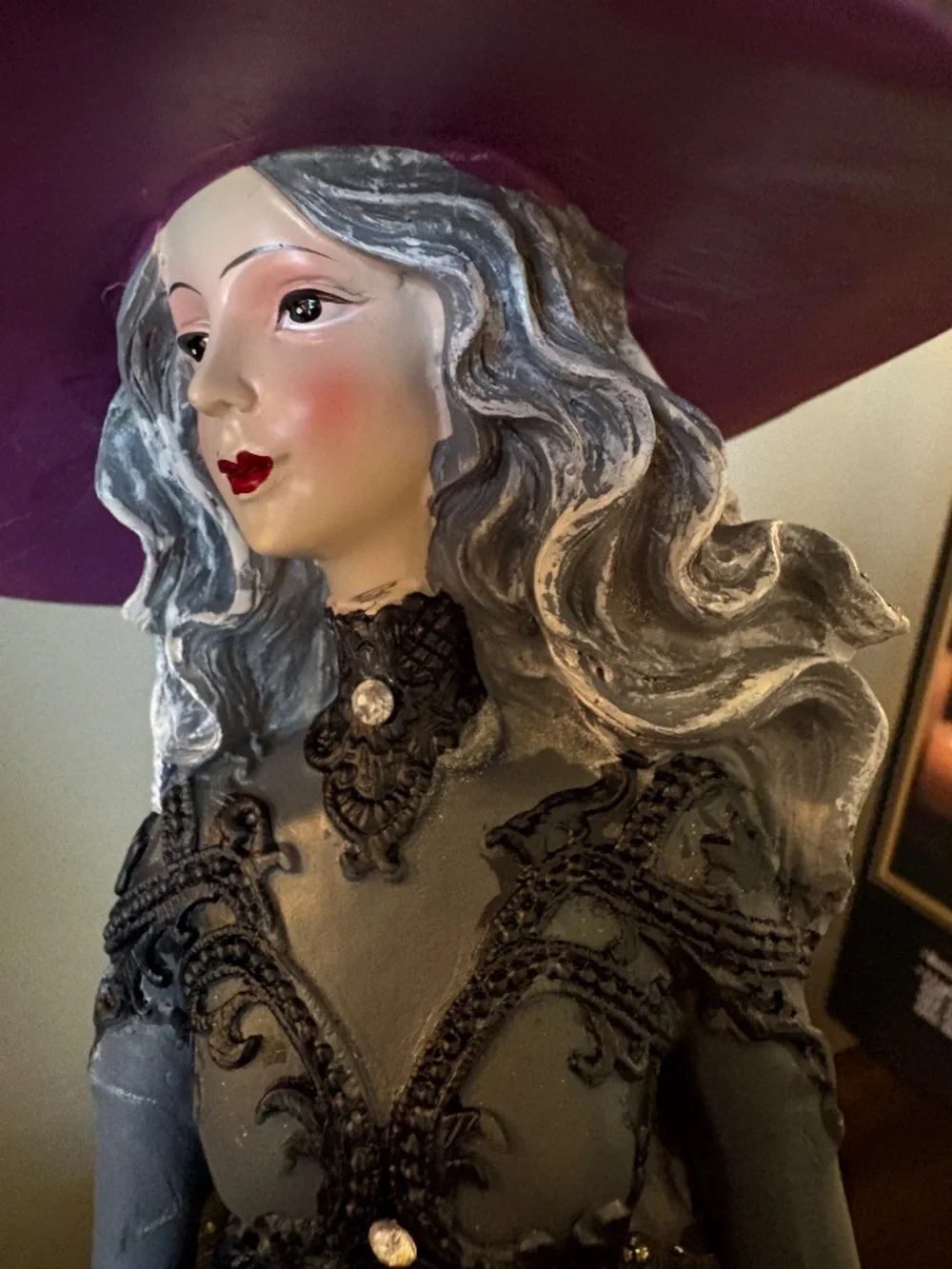 Elegant Black Witch Figurine with Purple Hat - Home Accents